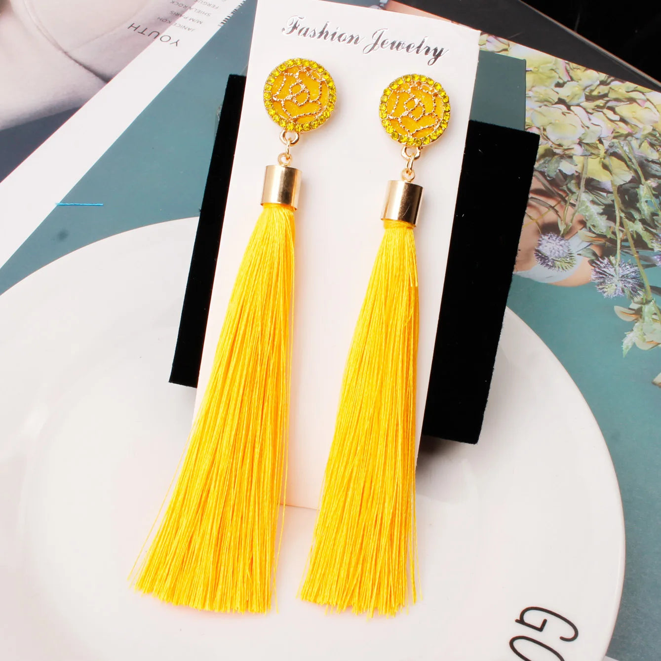 New Crystal Rose Flower Long Tassel Earrings Boho Black Red White Silk Fabric Thread Flower Drop Earrings Women Jewelry Oorbelle