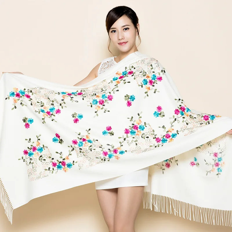 Wholesale Women's Large Reversible Cashmere Pashmina Scarf Soft Shawl Wraps with Embroidery Winter Travel Accessories