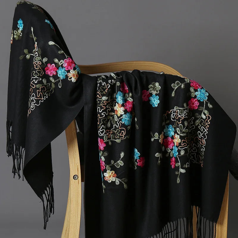 Wholesale Women's Large Reversible Cashmere Pashmina Scarf Soft Shawl Wraps with Embroidery Winter Travel Accessories