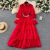 2025 Spring Roman Stand Collar Tunic Casual Midi Dress For Women Flare Sleeve Empire Diamonds Ruffled Lace Dress