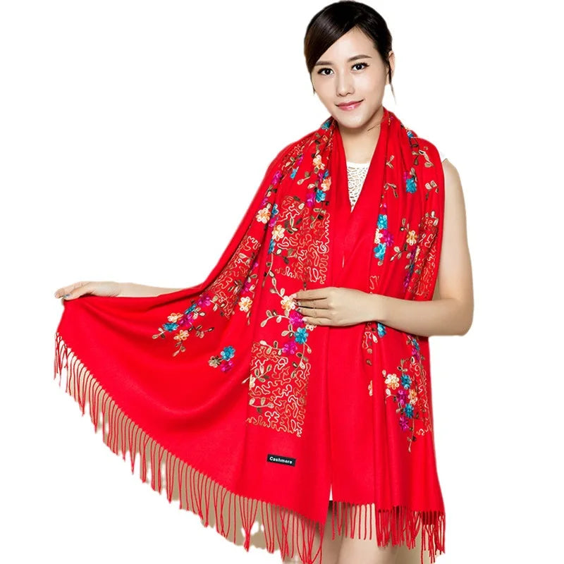 Wholesale Women's Large Reversible Cashmere Pashmina Scarf Soft Shawl Wraps with Embroidery Winter Travel Accessories