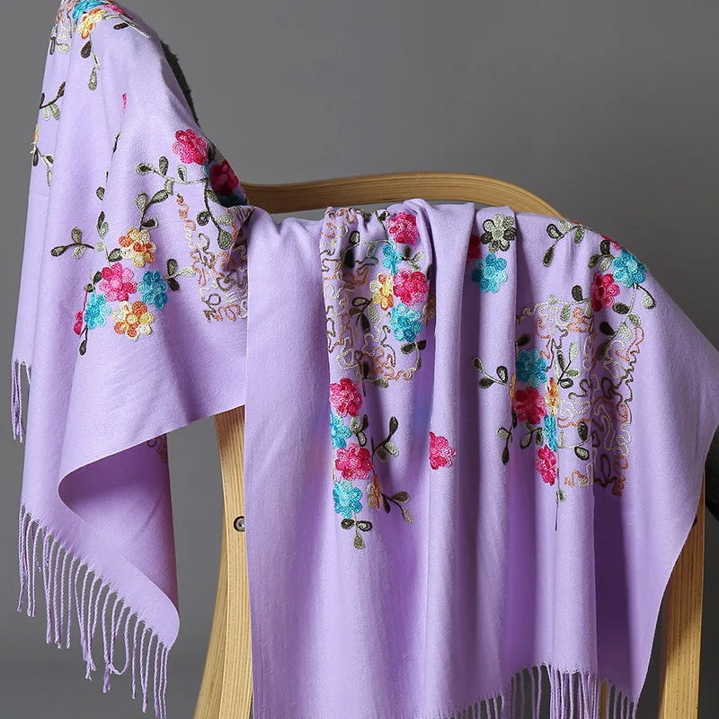 Wholesale Women's Large Reversible Cashmere Pashmina Scarf Soft Shawl Wraps with Embroidery Winter Travel Accessories