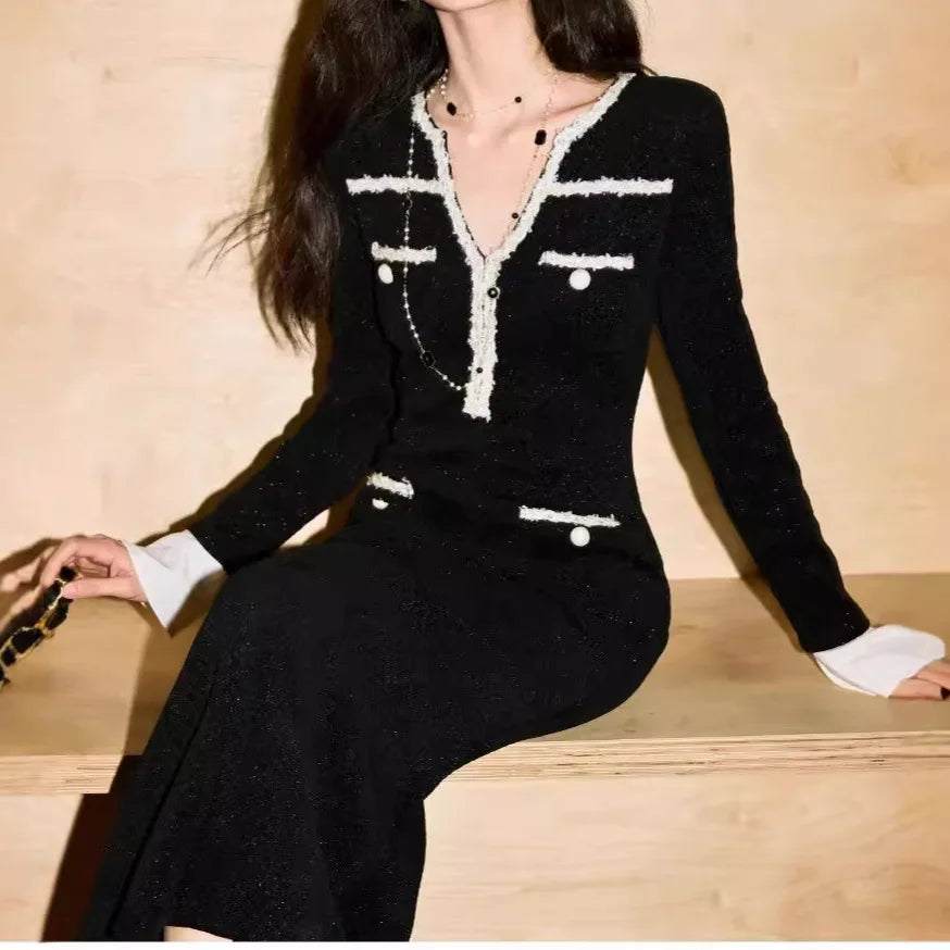 Bettergirl Women Autumn Winter Fashion Elegant Vietnamese French Webbing Waist Fishtail Dress Black V-neck Long-sleeved Dress