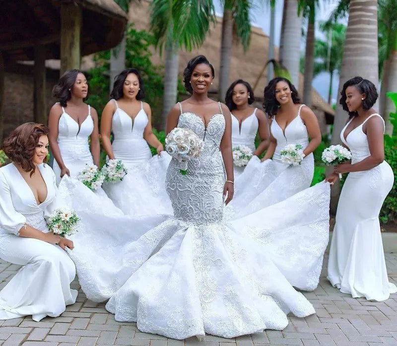 FA277 Luxury African Mermaid Wedding Dresses Plus Size  Black Girl Women Lace Wedding Gowns Handmade Bride Dress