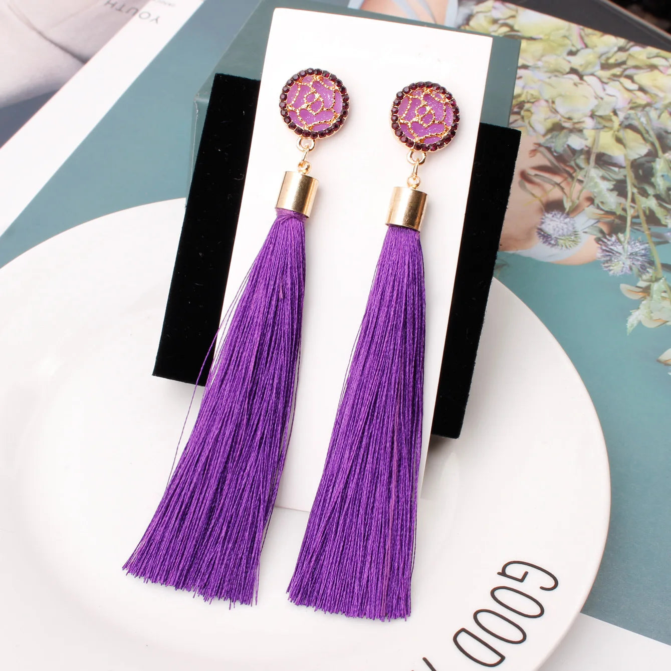 New Crystal Rose Flower Long Tassel Earrings Boho Black Red White Silk Fabric Thread Flower Drop Earrings Women Jewelry Oorbelle