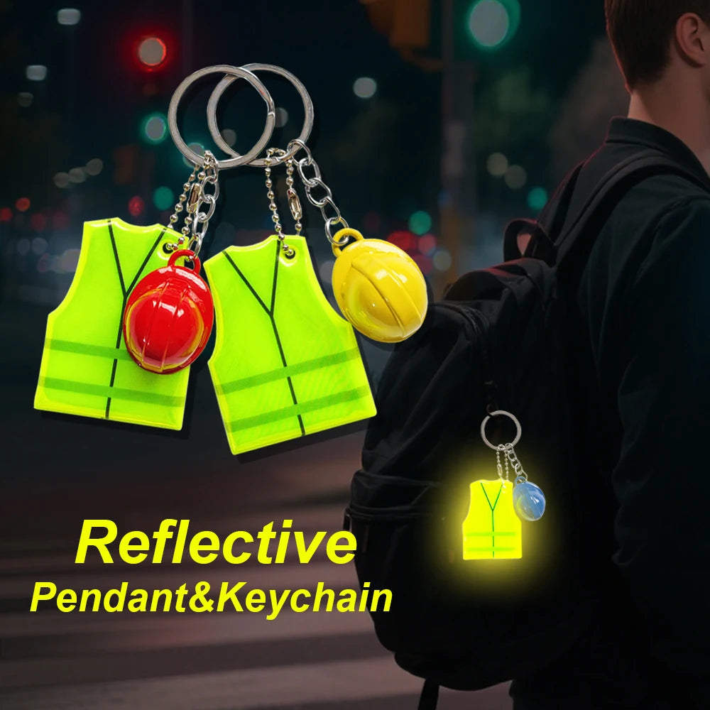 Creative Vest + Safety Helmet Shaped Keychain, Night Travel Sports Reflective Pendant for Backpack Luggage Hanging Accessories