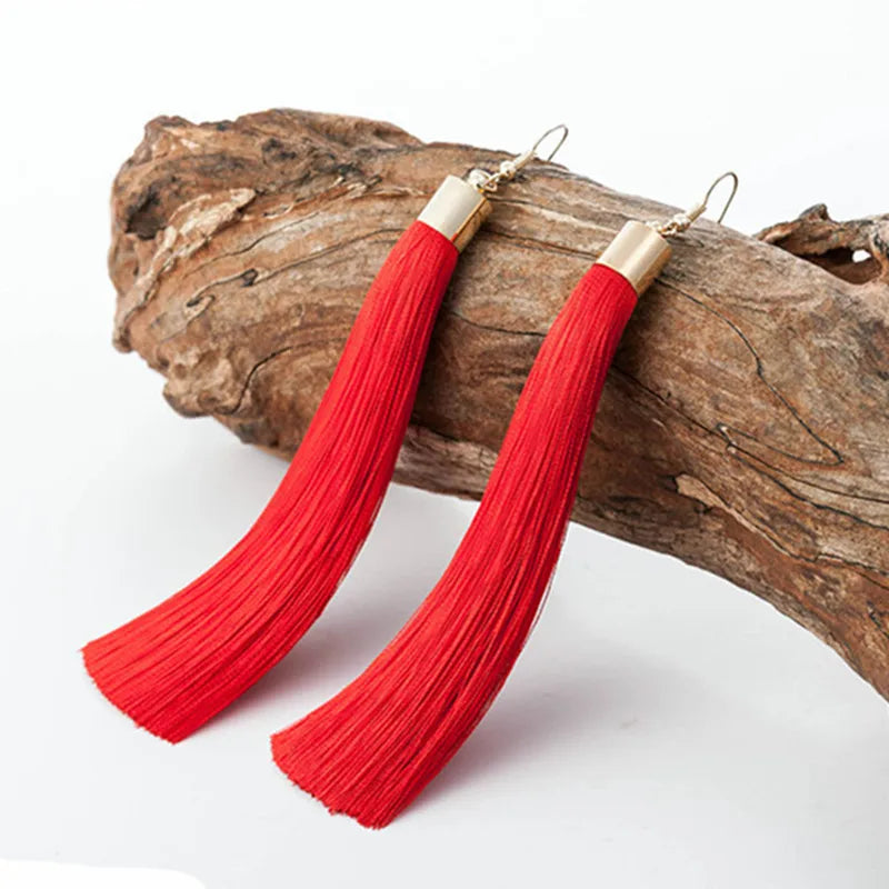 New Crystal Rose Flower Long Tassel Earrings Boho Black Red White Silk Fabric Thread Flower Drop Earrings Women Jewelry Oorbelle