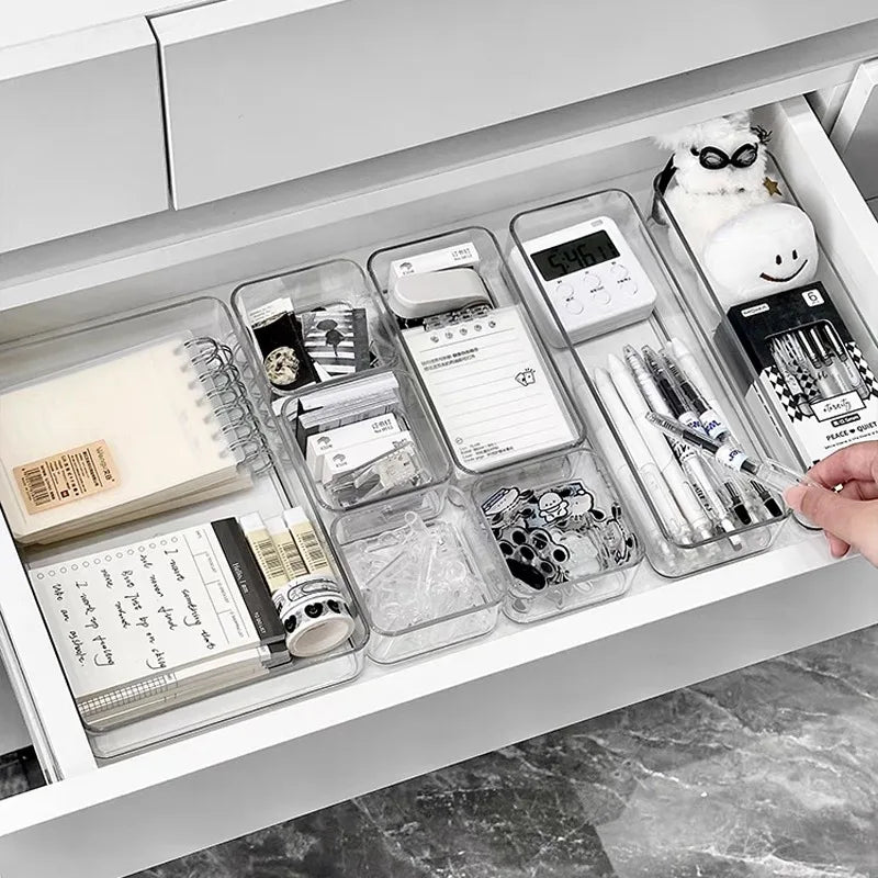 Desk Drawer Organizers Clear Cosmetic Storage Box Transparent Stationery Organizer Storage Bin Kitchen Bathroom Organizer Tools