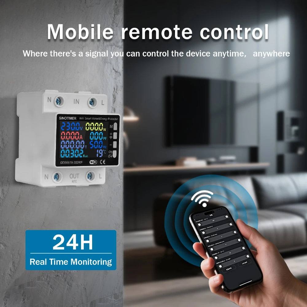 Smart Tuya WIFI Power Meter 63A Circuit Breaker Multiple Protection Temperature Energy AC Amp kWh Voltage Meter Remotely Control