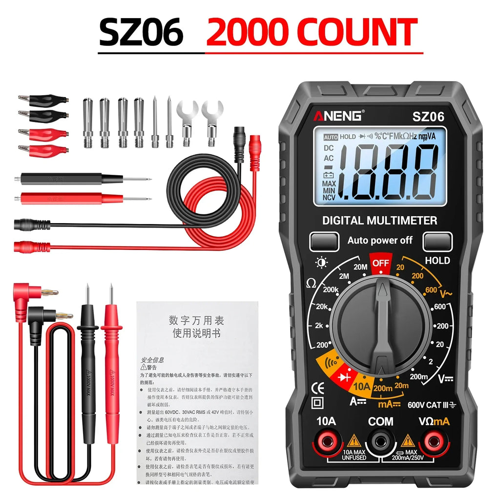 Smart Digital Multimeter ANENG 600V AC/DC Voltage multimetro 2000 Count 10A DC Current Testing Ohm Resistance Diode test Tools