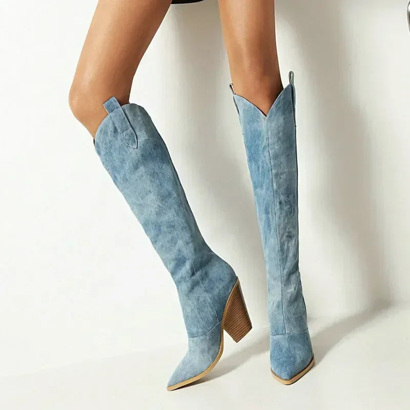 Denim Western Women Knee Thigh High Boots New 2024 Autumn Winter High Heel Cowboy Long Boots Size 43 Slip on Woman Shoes