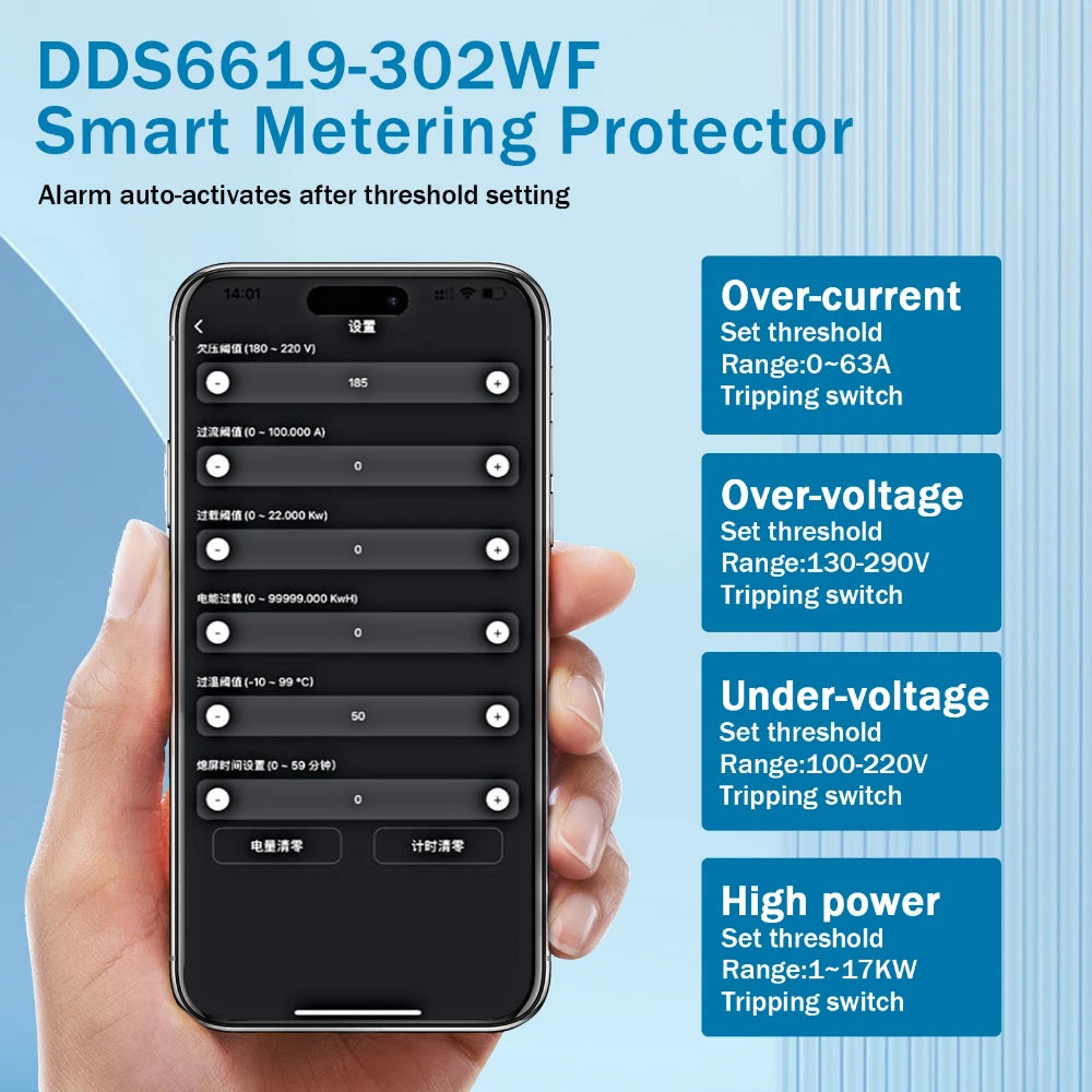 Smart Tuya WIFI Power Meter 63A Circuit Breaker Multiple Protection Temperature Energy AC Amp kWh Voltage Meter Remotely Control