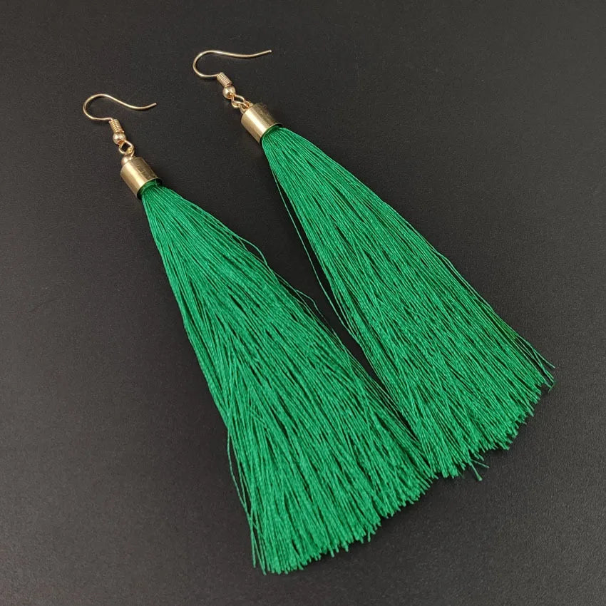 New Crystal Rose Flower Long Tassel Earrings Boho Black Red White Silk Fabric Thread Flower Drop Earrings Women Jewelry Oorbelle