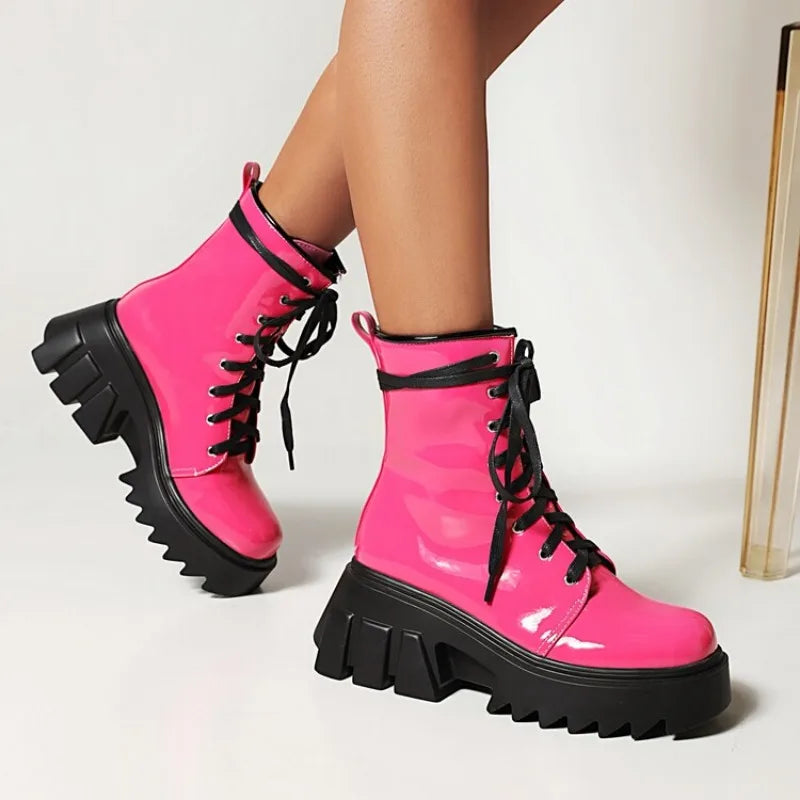 LeShion Of Chanmeb Women Patent Leather Boots Bright Yellow Chunky High Heels Gothic Boots Platforms Lady Lace-up Rose Red Shoes
