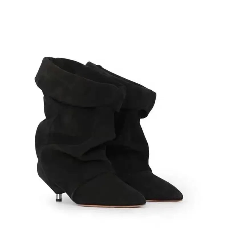 2024 Autumn/Winter New Women's Thin Heel Short Boots Fashion Pointed Wide Tube Folded Stacked Boots Women's Large Ankle Boots