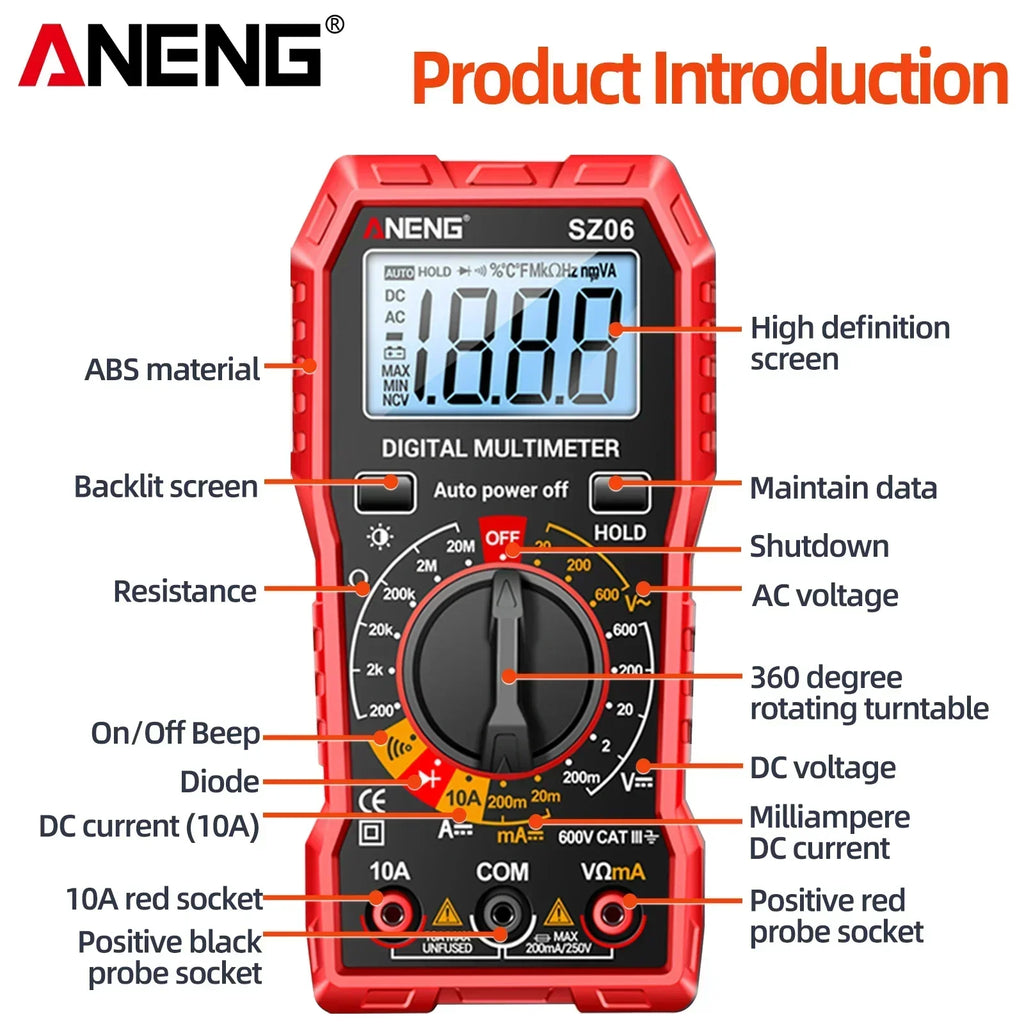 Smart Digital Multimeter ANENG 600V AC/DC Voltage multimetro 2000 Count 10A DC Current Testing Ohm Resistance Diode test Tools