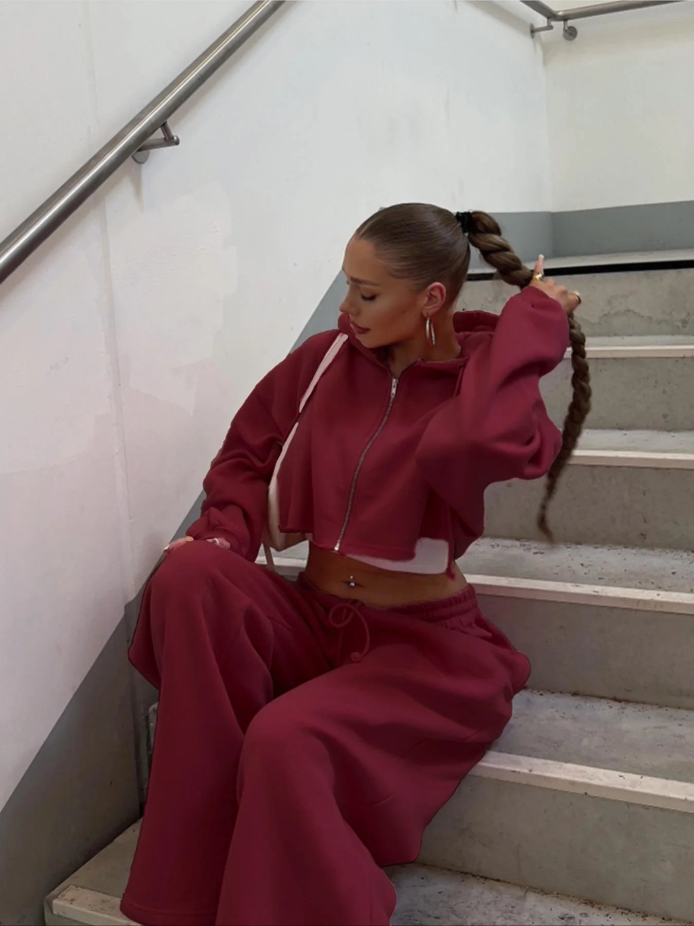 Women Hooded Zip-up Cropped Sweatshirt and Long Pants 2 Piece Sets 2026 Autumn Casual Hoodies Sweatpants Suit Tracksuits