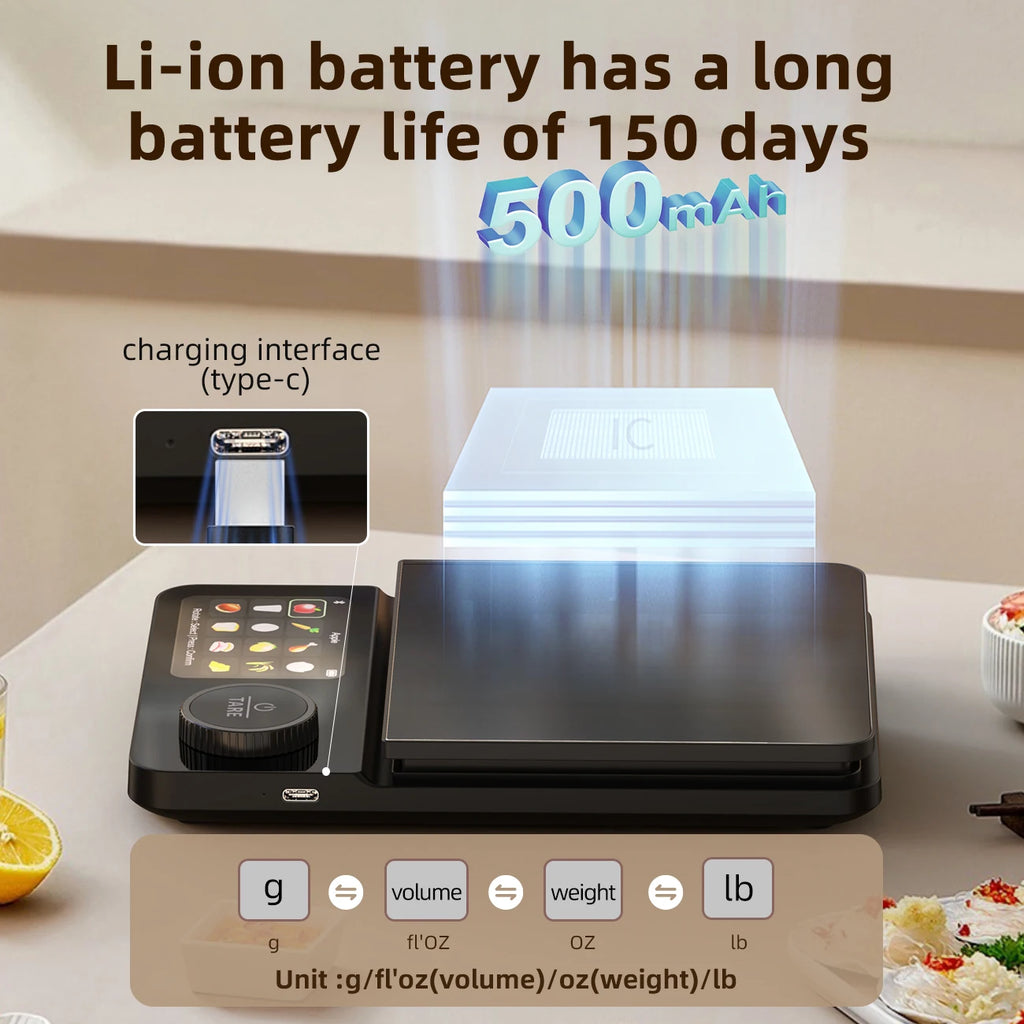 Smart Digital Kitchen Electronic Scale, 5kg Capacity Accurate 0.1g, TFT Display, Rechargeable with APP Nutrition Analysis