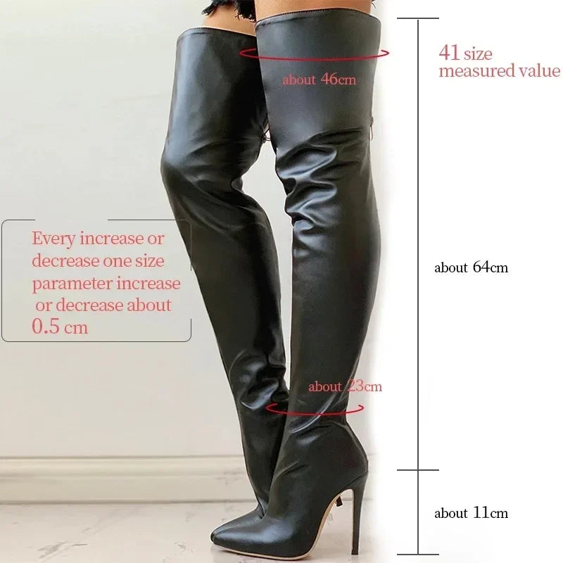 Plus Size 34-46 Women Boots Sexy Thigh High Boots Stretch PU Leather Over-the-knee Heeled Boots Black Red Autumn Winter Shoes