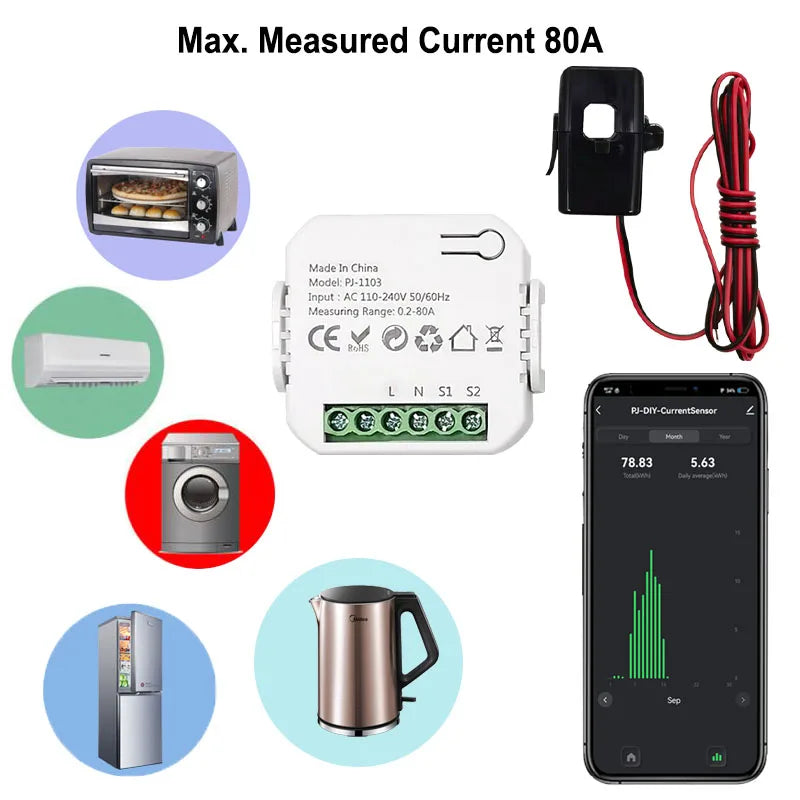 Smart WiFi Digital Energy Meter 80A with CT Clamp Sensor App Real-time Monitor Power Consumption AC100-240V  Work with Tuya