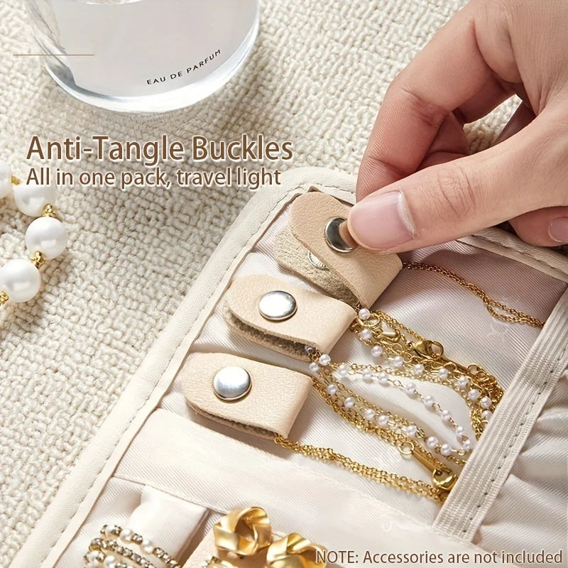 Travel Jewelry Organizer Bag, PU Material Necklace Earring Ring Storage Pouch with Watch Compartment, Portable Zippered