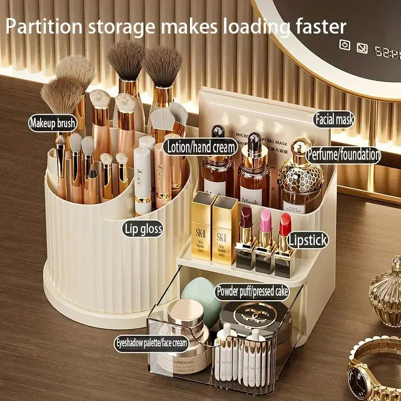 360° Rotating Makeup Organizer with Brush Holder & Drawer Desktop Large Capacity Skincare Cosmetic Tools Lipstick Display Cases