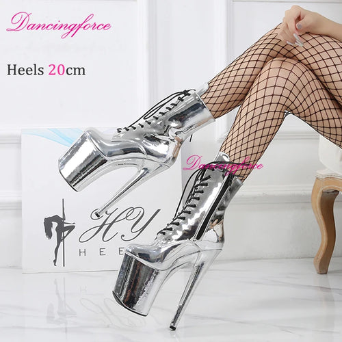 20cm/8Inch Glossy Silver Holographic Ankle Boots Sexy Pole Dance Shoes Women Thin Heels Stripper Platform Short Boots EU43