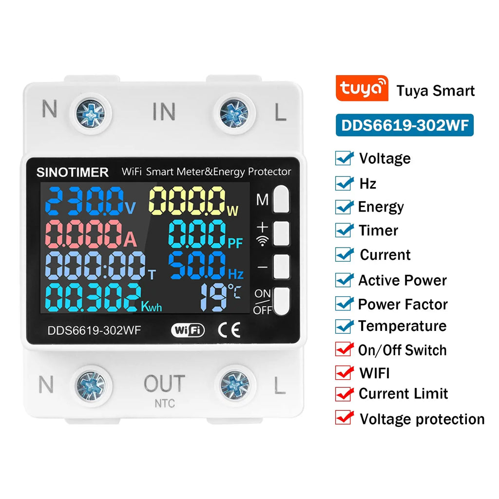 Smart Tuya WIFI Power Meter 63A Circuit Breaker Multiple Protection Temperature Energy AC Amp kWh Voltage Meter Remotely Control
