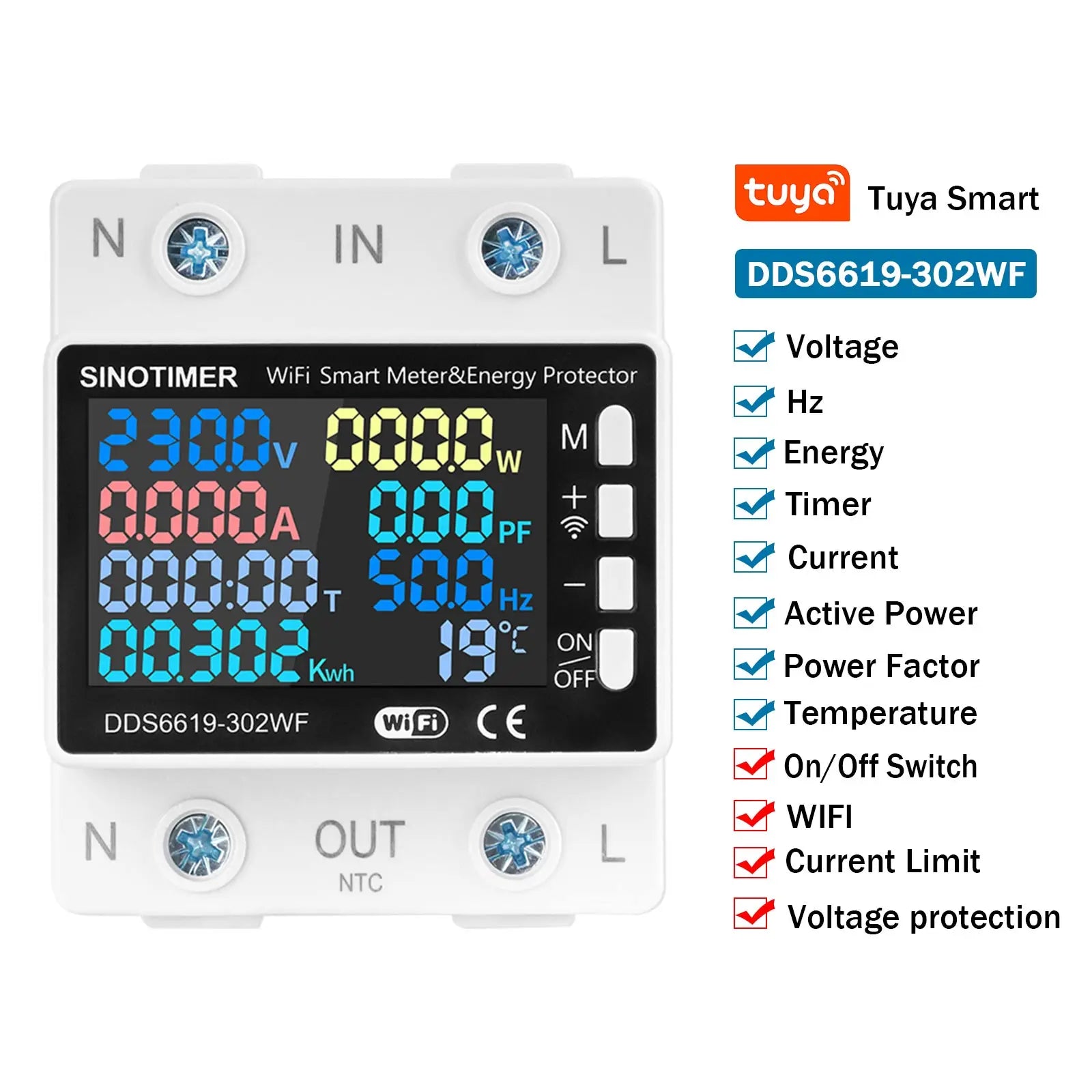Smart Tuya WIFI Power Meter 63A Circuit Breaker Multiple Protection Temperature Energy AC Amp kWh Voltage Meter Remotely Control