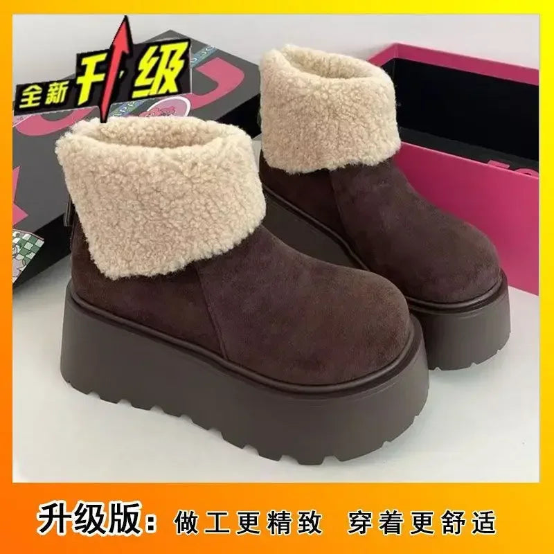 Platform Women's Snow Ankle Boots Suede Mid Heel Cotton Shoes Short Plush Warm Boots Trendy Winter Casual Boots Botas De Mujer