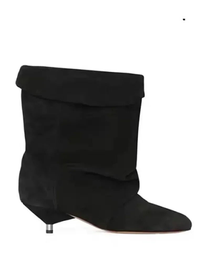 2024 Autumn/Winter New Women's Thin Heel Short Boots Fashion Pointed Wide Tube Folded Stacked Boots Women's Large Ankle Boots