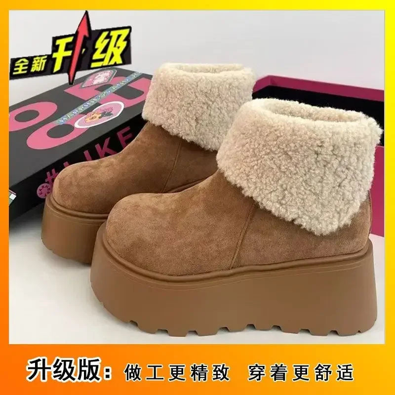 Platform Women's Snow Ankle Boots Suede Mid Heel Cotton Shoes Short Plush Warm Boots Trendy Winter Casual Boots Botas De Mujer