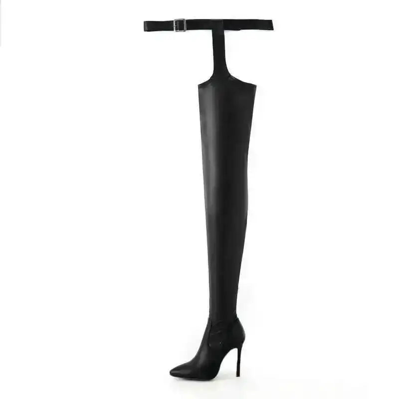 Big Size 46 Black Thigh High Boots Sexy Belt Buckles Stiletto Heel Over The Knee Boots Women's Shoes Fashion