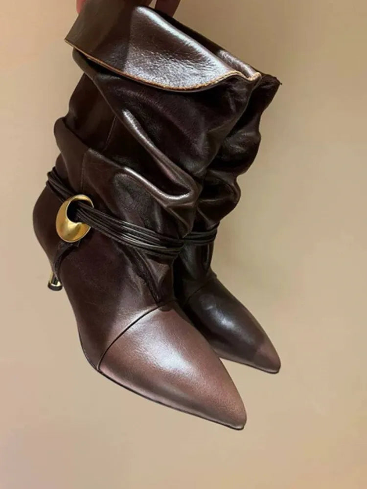 2024 Autumn/Winter New Women's Thin Heel Short Boots Fashion Pointed Wide Tube Folded Stacked Boots Women's Large Ankle Boots