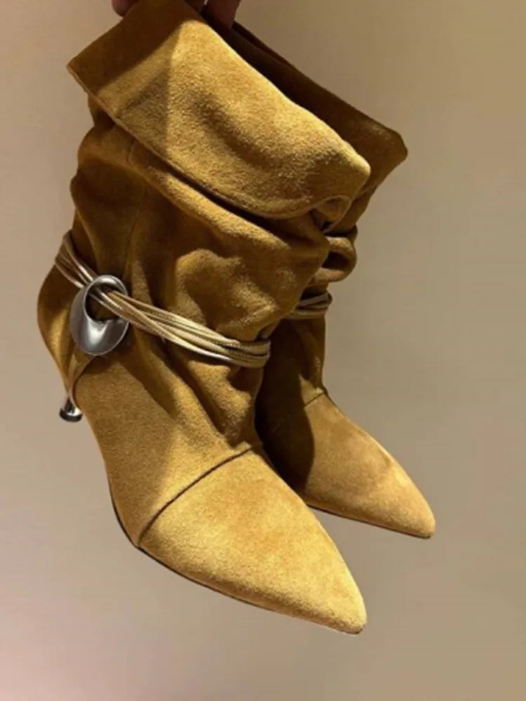 2024 Autumn/Winter New Women's Thin Heel Short Boots Fashion Pointed Wide Tube Folded Stacked Boots Women's Large Ankle Boots