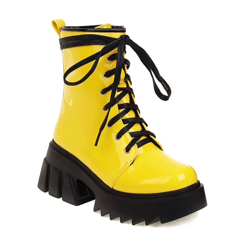 LeShion Of Chanmeb Women Patent Leather Boots Bright Yellow Chunky High Heels Gothic Boots Platforms Lady Lace-up Rose Red Shoes