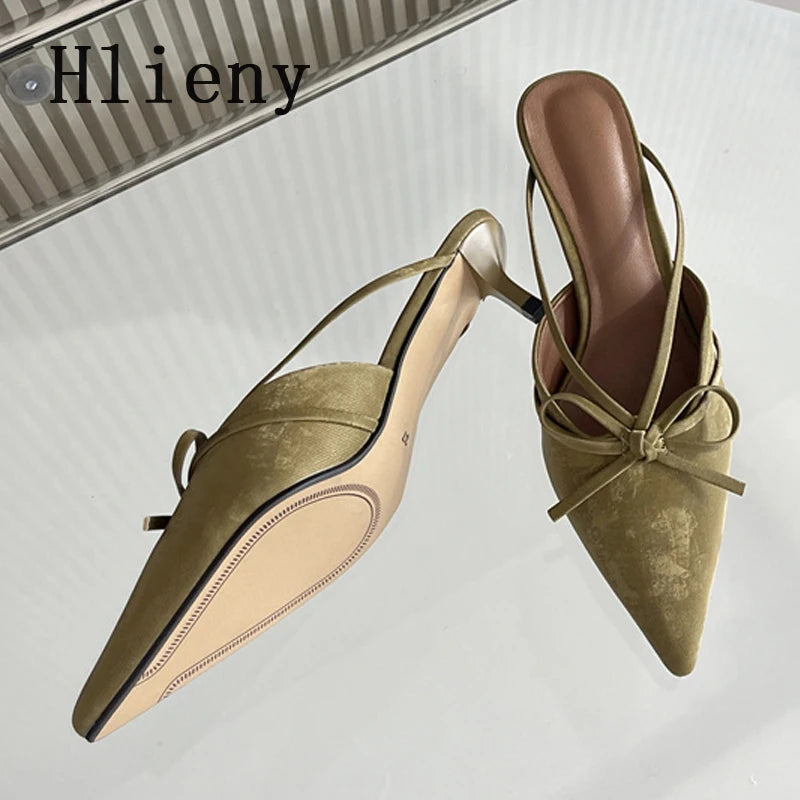 Hlieny Fashion Design Butterfly-Knot Pointed Toe Low Thin Heels Mules Slippers Women Pumps Shallow Slingback Sandal Female Shoes