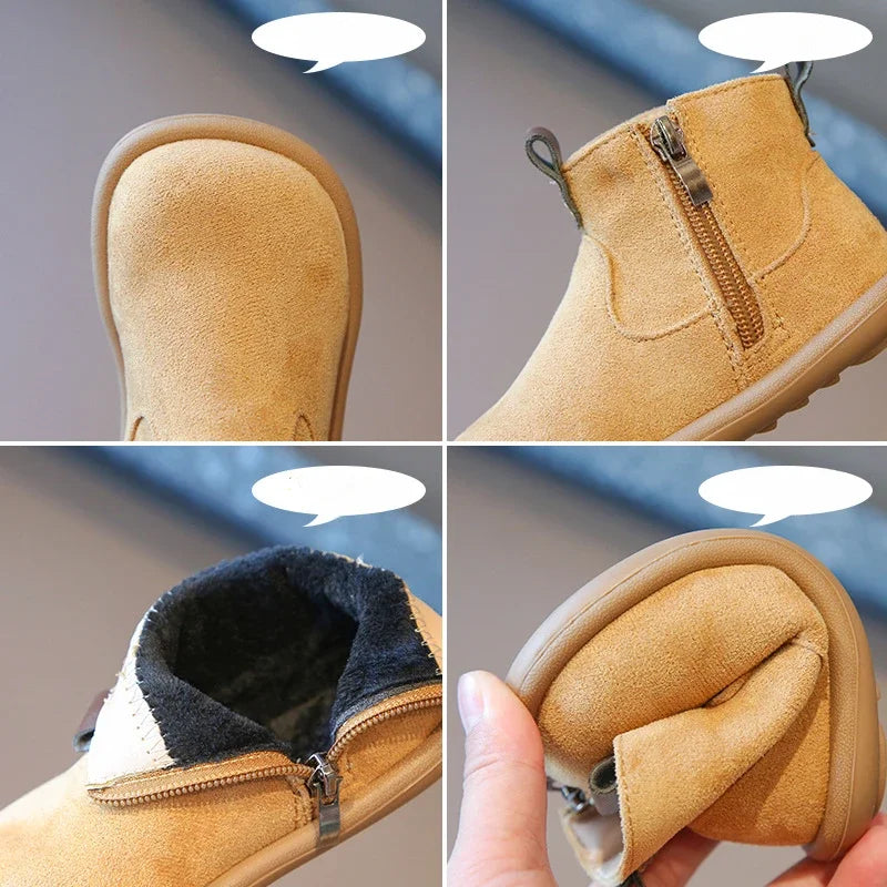 Children Boots Autumn Winter Kids Warm Fur Shoes Vintage Style Toddler Boys Girls Soft PU Leather Ankle Boots Yellow, Green
