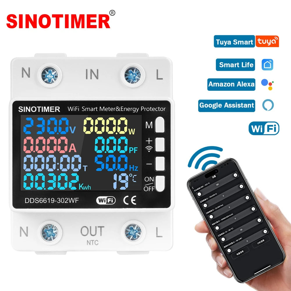 Smart Tuya WIFI Power Meter 63A Circuit Breaker Multiple Protection Temperature Energy AC Amp kWh Voltage Meter Remotely Control