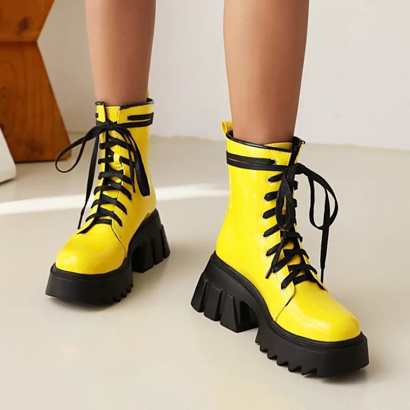 LeShion Of Chanmeb Women Patent Leather Boots Bright Yellow Chunky High Heels Gothic Boots Platforms Lady Lace-up Rose Red Shoes