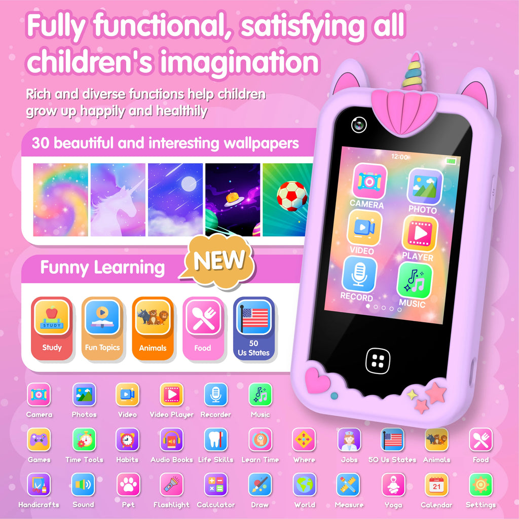 Kids Smart Phone Toy TouchScreen Unicorn Baby Mobile MP3 Music Player Digital Camera Educational Toys Girls Boys Birthday Gifts