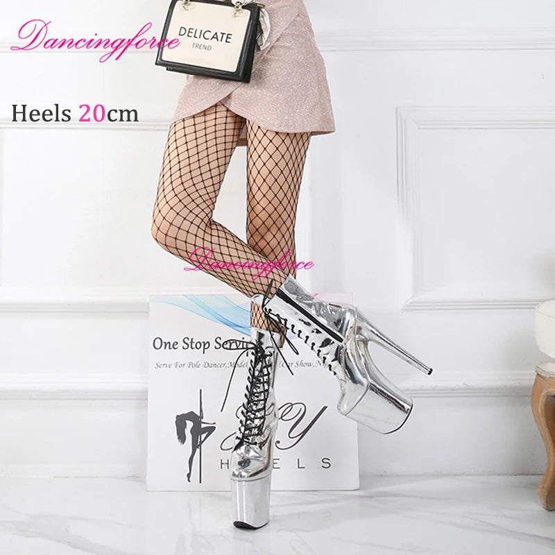20cm/8Inch Glossy Silver Holographic Ankle Boots Sexy Pole Dance Shoes Women Thin Heels Stripper Platform Short Boots EU43