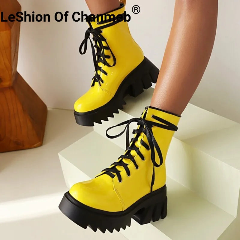 LeShion Of Chanmeb Women Patent Leather Boots Bright Yellow Chunky High Heels Gothic Boots Platforms Lady Lace-up Rose Red Shoes
