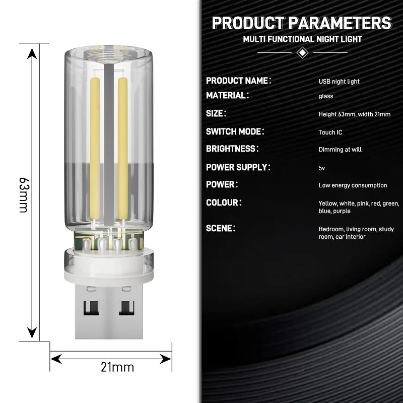 Car Atmosphere Light USB Night Light Touch Dimming LED Incandescent Filament Lamp Bulb Emergency Lighting Plug Play Ambient Lamp