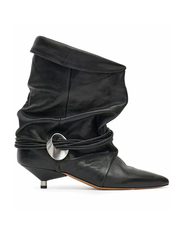 2024 Autumn/Winter New Women's Thin Heel Short Boots Fashion Pointed Wide Tube Folded Stacked Boots Women's Large Ankle Boots