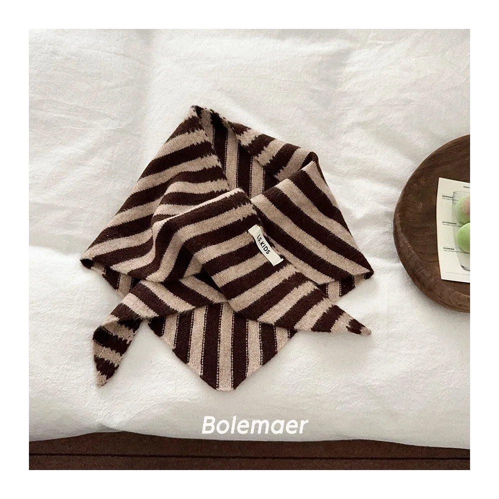 NewBaby Kids  Autumn Winter Black Apricot Striped Wool Knitted Scarf Small Scarf Versatile Warm Korean Triangle Warm Soft Scarf