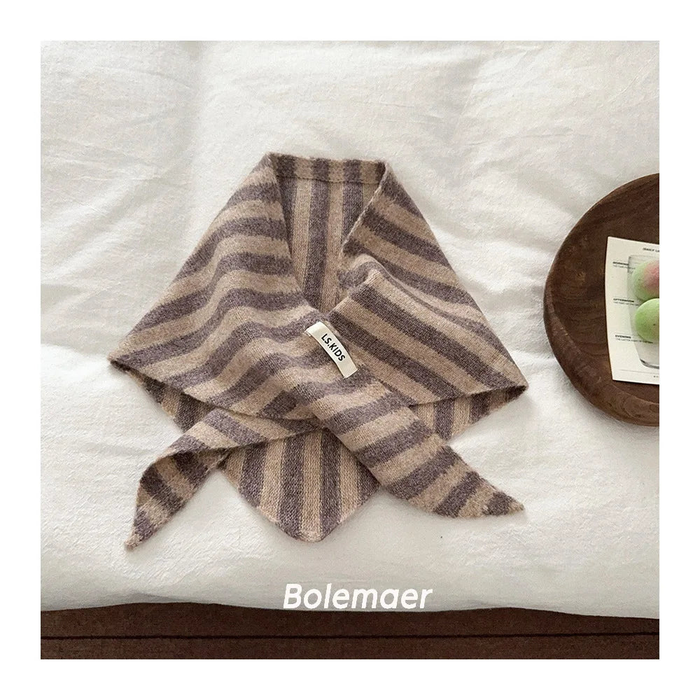 NewBaby Kids  Autumn Winter Black Apricot Striped Wool Knitted Scarf Small Scarf Versatile Warm Korean Triangle Warm Soft Scarf
