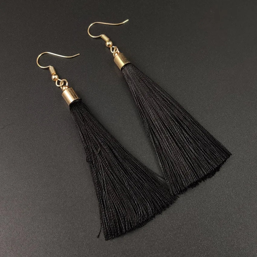 New Crystal Rose Flower Long Tassel Earrings Boho Black Red White Silk Fabric Thread Flower Drop Earrings Women Jewelry Oorbelle