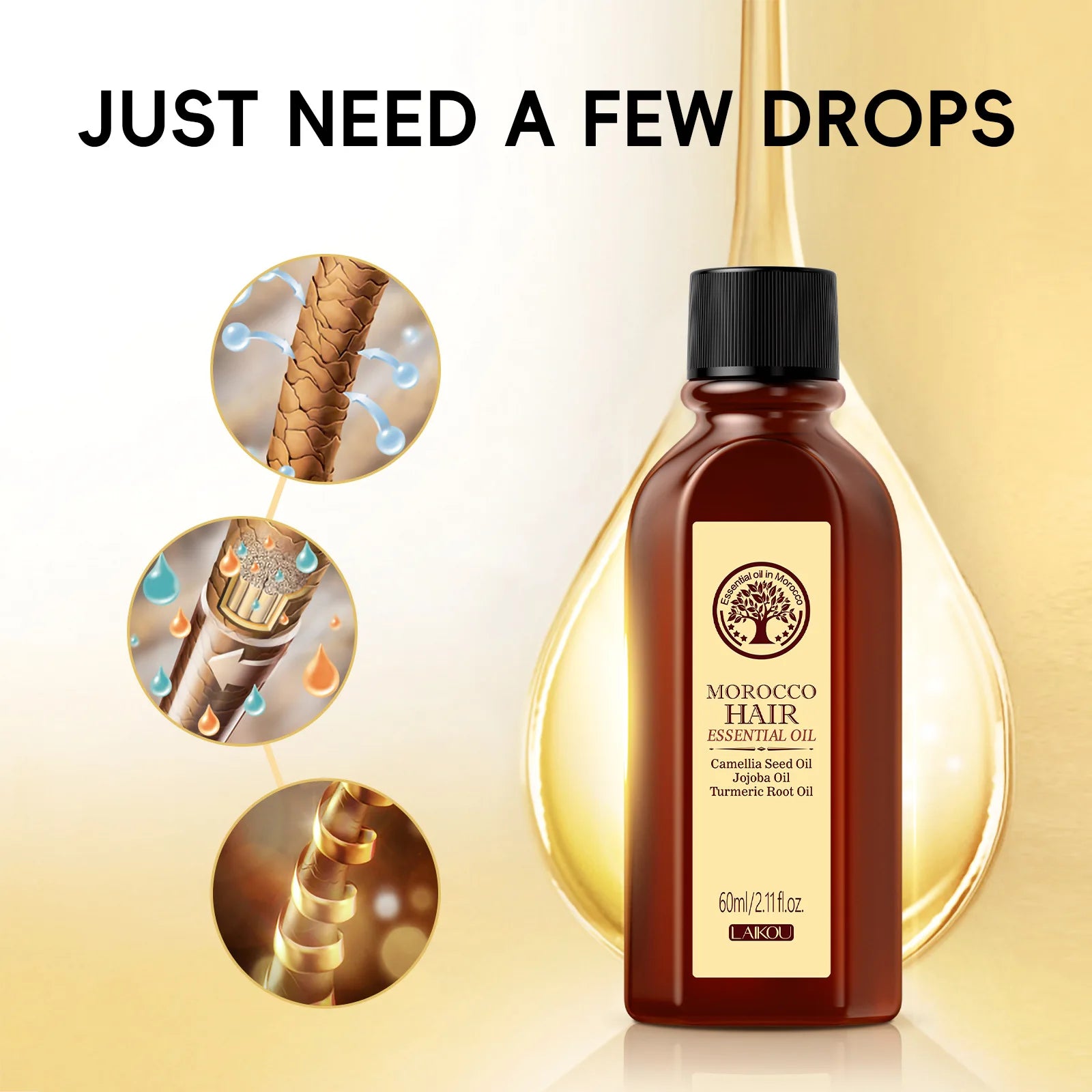 Laikou Morocco Hair Essential Oil 60ml Repair Damaged Hair Anti Frizz Nourishing Smoothing Argan Oil For All Hair Types