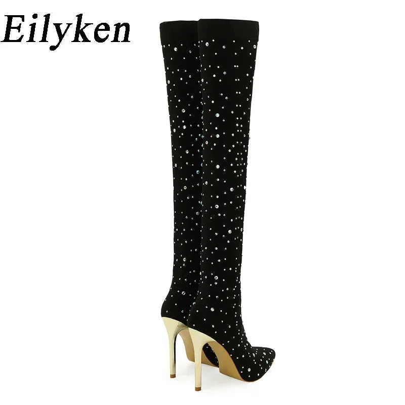 Eilyken Sexy Runway Crystal Stretch Fabric Sock Over the Knee Boot Thigh Stiletto High Pointed Toe Woman Shoes Zapatillas Mujer